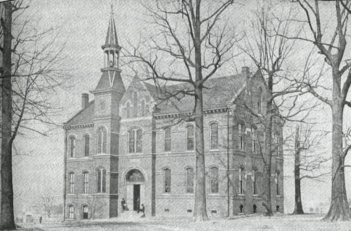 以威廉·M·斯图尔特命名的斯图尔特大厦. Stewart, contained the library, 1879年建成后的实验室和演讲厅.